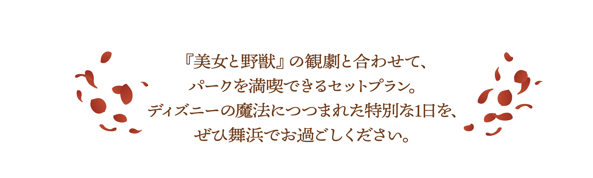 『美女と野獣』の観劇と合わせて、パークを満喫できるセットプラン。ディズニーの魔法につつまれた特別な1日を、ぜひ舞浜でお過ごしください。