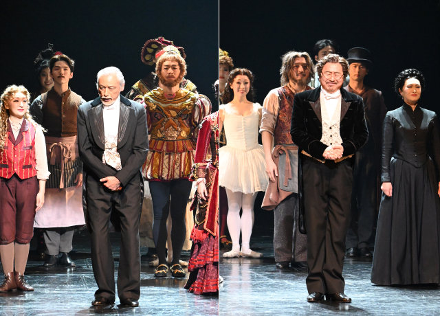 カンパニーを代表してお客様に感謝の想いを伝えるムッシュー・アンドレ役・増田守人（右）とムッシュー・フィルマン役・平良交一（左）