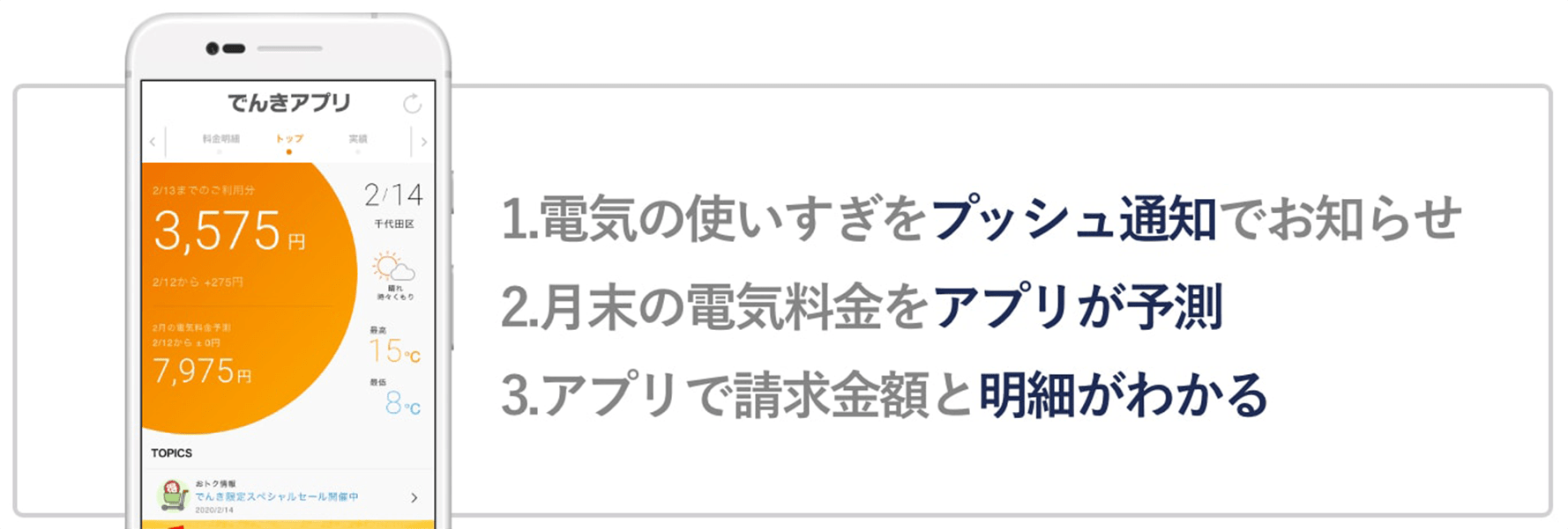 1.電気の使いすぎをプッシュ通知でお知らせ。2.月末の電気料金をアプリが予測。3.アプリで請求金額と明細がわかる。