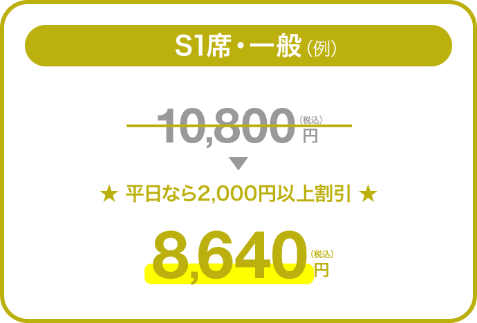 S席・一般(例) 10,800円(税込)が平日なら2,000円以上割引 8,640円(税込)